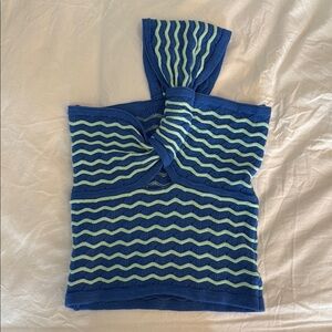 Blue and Green Zigzag Knit One Shoulder Croptop